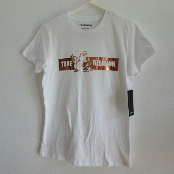 True Religion T-Shirt Top Women's Size M White Buddha and Guitar Logo - Picture 1 of 8